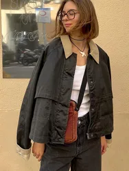 2024 Nowe damskie kurtki cargo Vintage Patchwork z długim rękawem i kieszenią Street Style Punk Loose Casual Top Coats