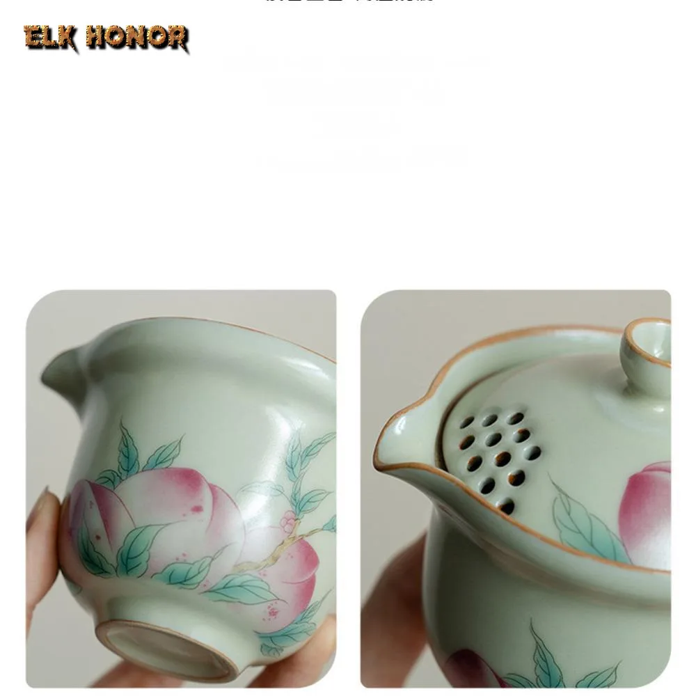 Ru Kiln Painted Longevity Peach Tea Set Kit Luxury 1 Pot 2 Cups Tea Maker Outdoor Travel Tea Set Portable Organizer Tea Set Gift