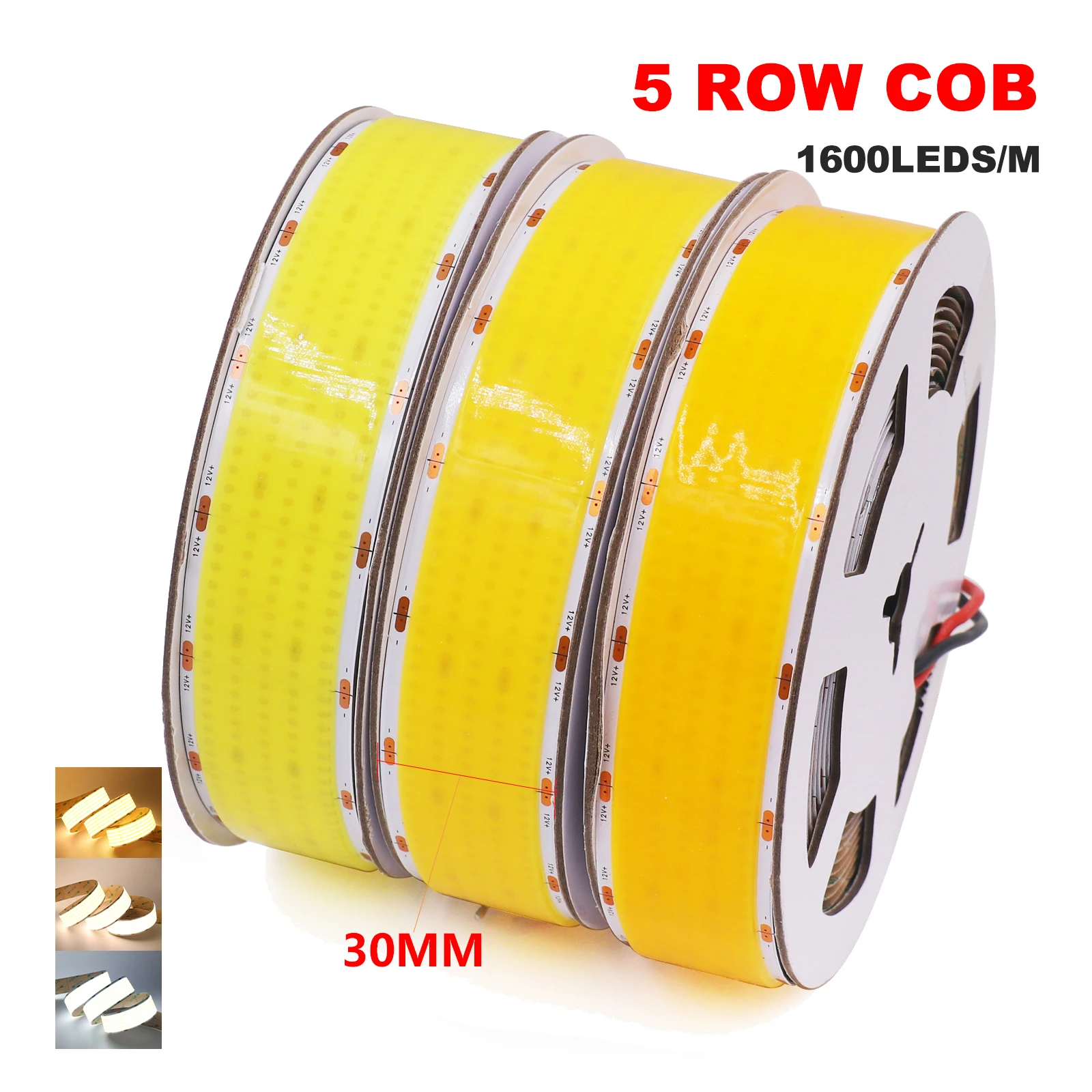 

Ultra Bright COB LED Strip 12V 24V 1600LEDs/m High Density Flexible LED Tape 30mm PCB Width Natural Warm White Light Strip