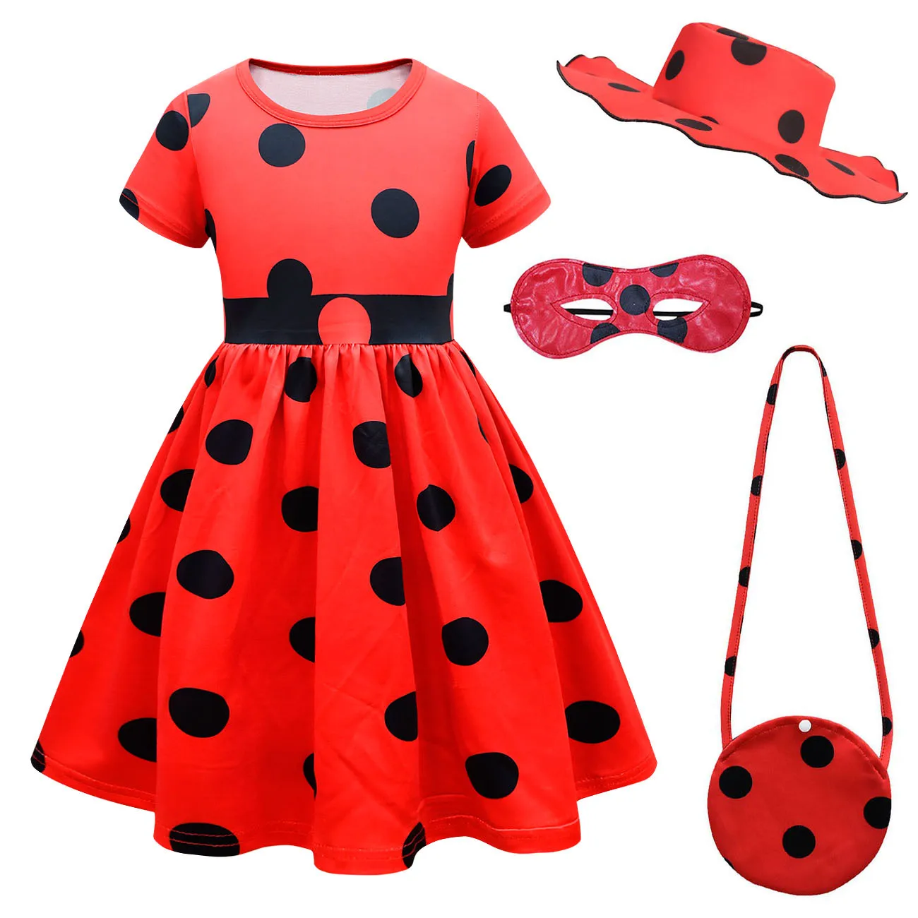 Ladybird Cosplay Girl Halloween Costume Polka Dots Short sleeved Dress Birthday Party Outfit Gift Cartoon Stage Kids Clothes