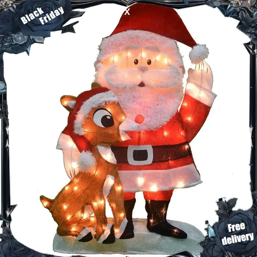 Vor beleuchteter Stoff Santa Claus und Rudolph 2d Outdoor Urlaub Rasen Ornament Weihnachts hof Dekoration mit 70 klaren Lichtern und Ständer