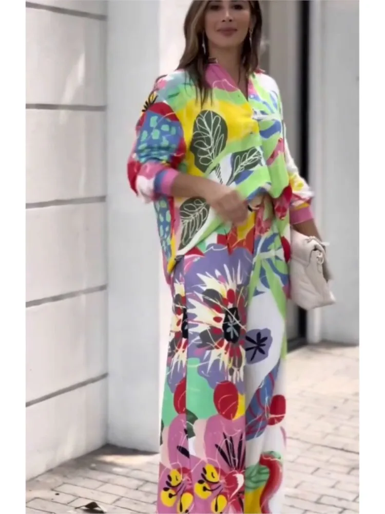 Damski modny dwuczęściowy zestaw z kolorowym nadrukiem, luźne koszule z długim rękawem i szerokie spodnie, damski komplet do pracy.