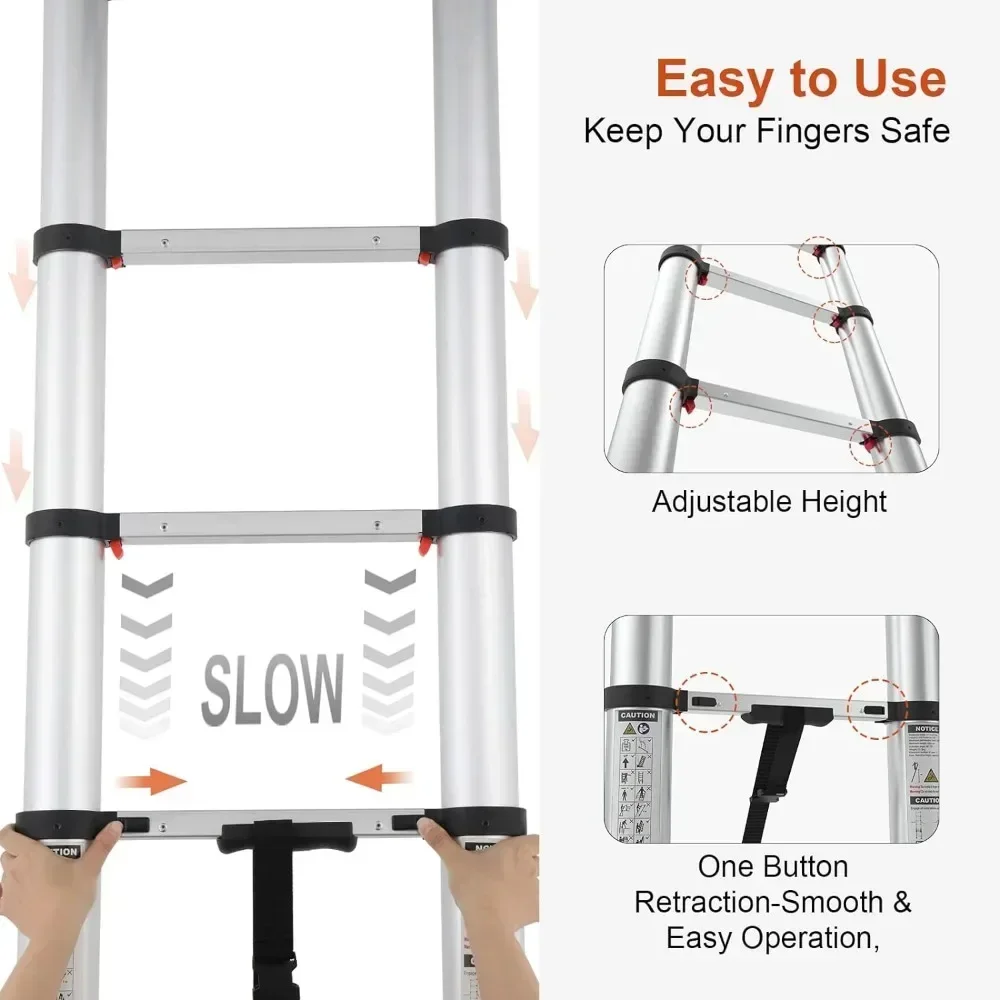 Telescoping Ladder, 12.5ft Aluminum Lightweight Extension Folding Telescopic Ladder Button Retraction Slow Down Design
