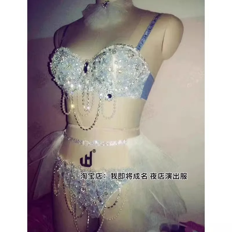 تخصيص الكهربائية ميلودي المغني DjDs الرقص الشرقي أداء اللباس الأزرق الدانتيل المياه الماس اللؤلؤ مثير الملابس الداخلية الصدرية تنورة قصيرة