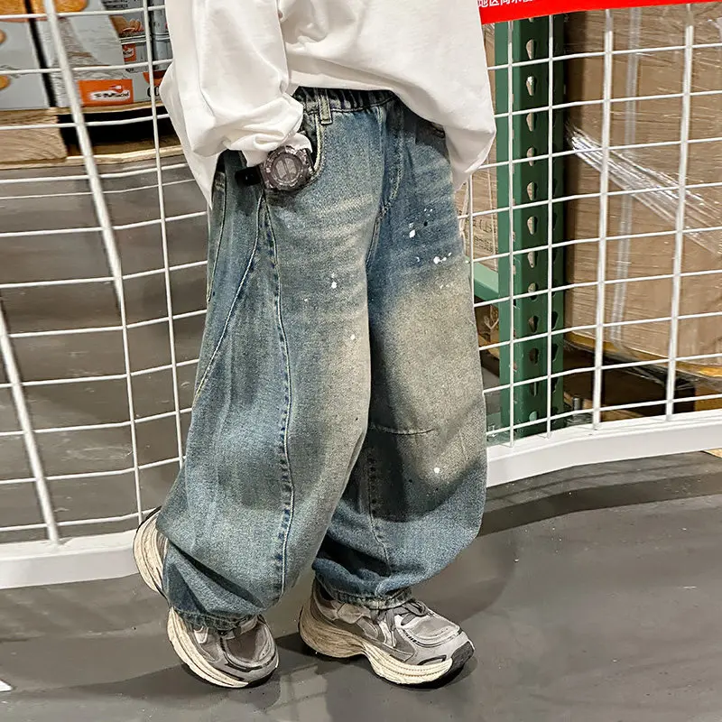 Boys Fashion Graffiti Loose Jeans Classic Ripped Denim Pants Spring Autumn Clothing Long Trousers Stylish Loose Fit for 4-14 Y