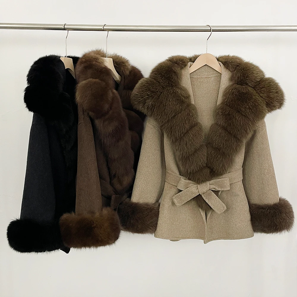 معطف الصوف المرأة امرأة موضة جديدة الشتاء الخريف سترة الفراء الحقيقي الفاخرة ريال فوكس الفراء معاطف السيدات حزام تصميم الصوف أبلى #5