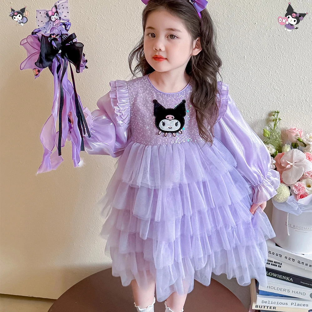 

New Kuromi Children Girl's Dress Autumn Kawaii Sweet Long Sleeves Cake Skirt Sanrio Fashion Princess Dress Cute Clothing Gifts