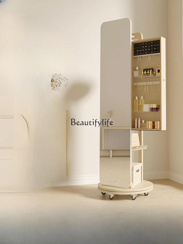 

Rotatable Solid Wood Cream Style Dressing Mirror Clothes Rack Integrated Bedroom Floor Full Body Mirror