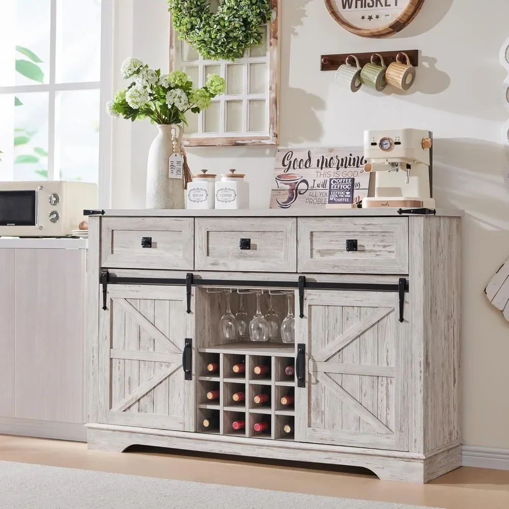 

Bar Cabinet with Sliding Barn Door, Cabinets with Wine & Glass Rack, Storage Shelves, 3 Drawers, Bar Cabinet