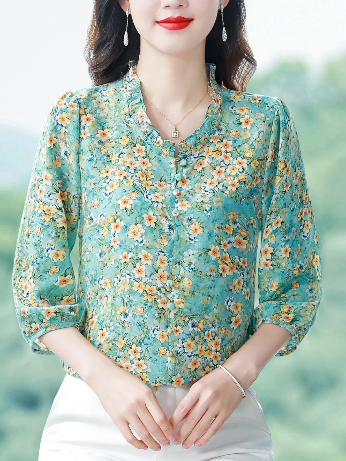 명품 브랜드 고급 맘마 플로럴 프린트 쉬폰 셔츠 스윗 스타일 루즈핏 랜턴 소매 폴리에스터 실크 혼방 V넥 캐주얼 탑