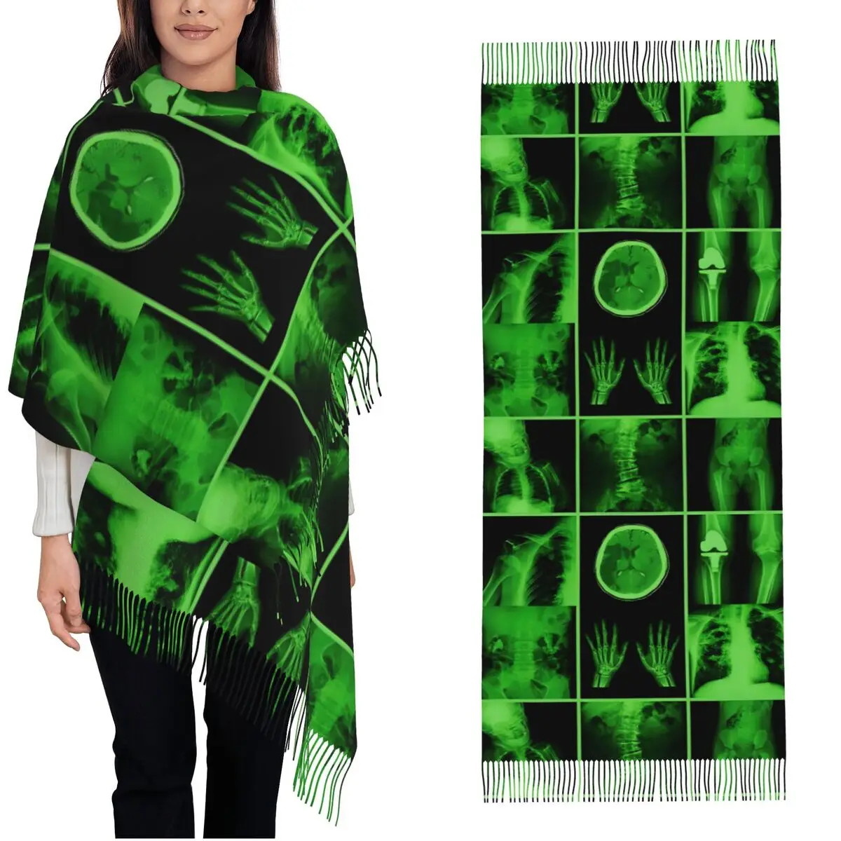 

Теплый мягкий шарф, зимний зеленый рентгеновский череп, шали со скелетом, бандана с принтом, женские y2k, крутые платки на голову