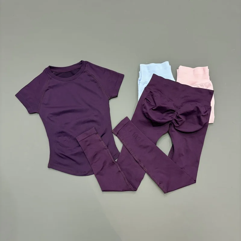 2 Pieces HISTELLO Sportswear Set Women Short Sleeve Seamless Low Waist Leggings Gym Yoga Fitness Running Daily Workout Sets