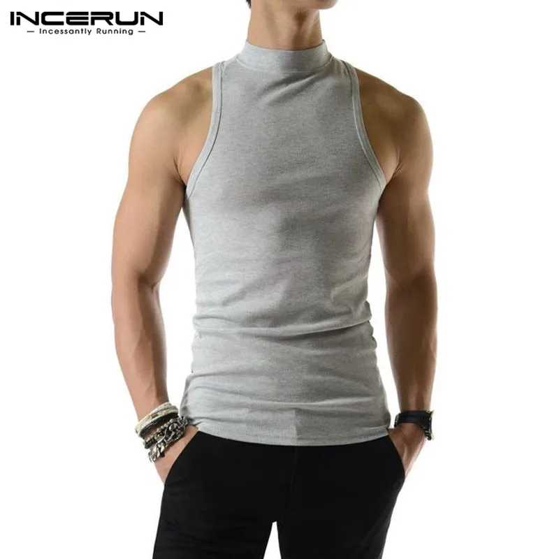 INCERUN Men Tank Tops Solid Color Turtleneck Sleeveless Knitted Casual Vests Streetwear Summer 2023 Fashion Leisure Men Clothing