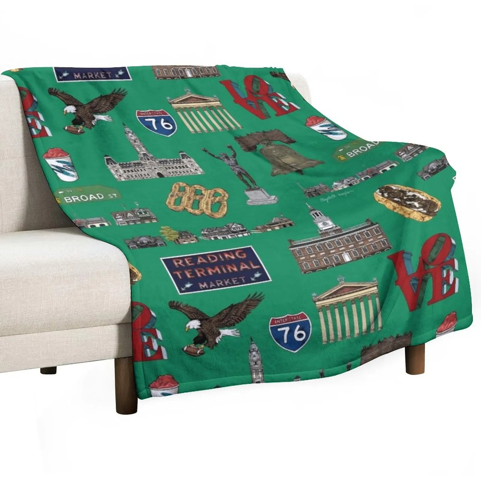 Philly Pattern - Kelly Green Throw Blanket Decorative Throw Retros Blankets