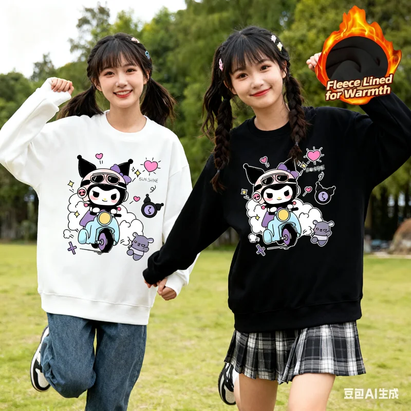 

Sanrio Series Printed Crew Neck Long-Sleeve Top, Cute and Warm Fleece-Lined Crew Neck Long-Sleeve T-Shirt, 100% Cotton