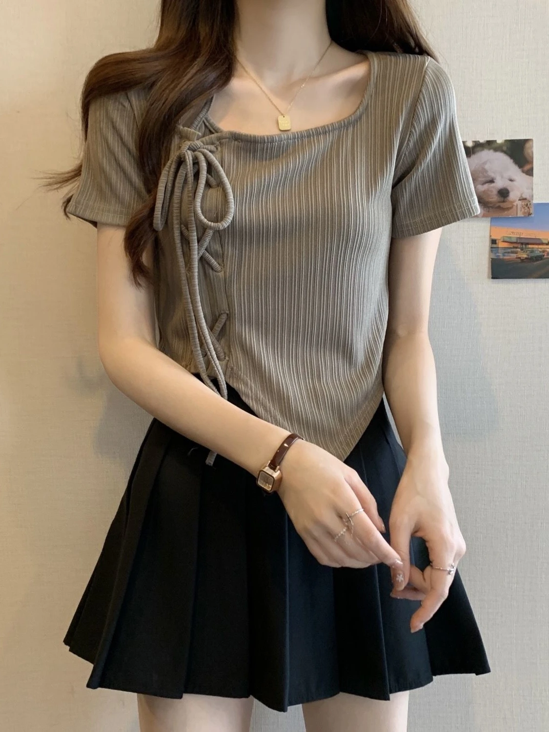 

Summer Short Sleeve T-Shirt High Waist Pleated Skirt Set Women's Irregular Drawstring Top Bottoms Two-Piece Ensemble