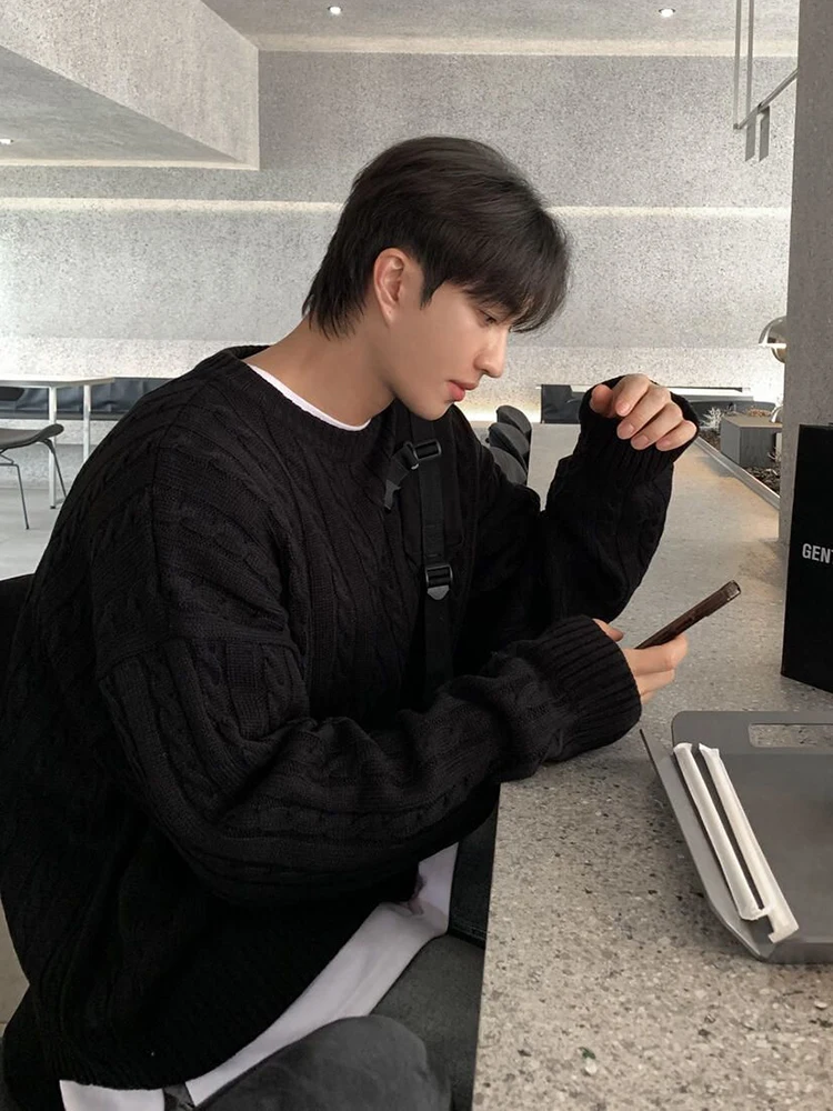 

Корейский мужской вязаный свитер с длинным рукавом и круглым вырезом, осенне-зимний, для ношения под одеждой, черный, с узором косы, повседневный, комфортный