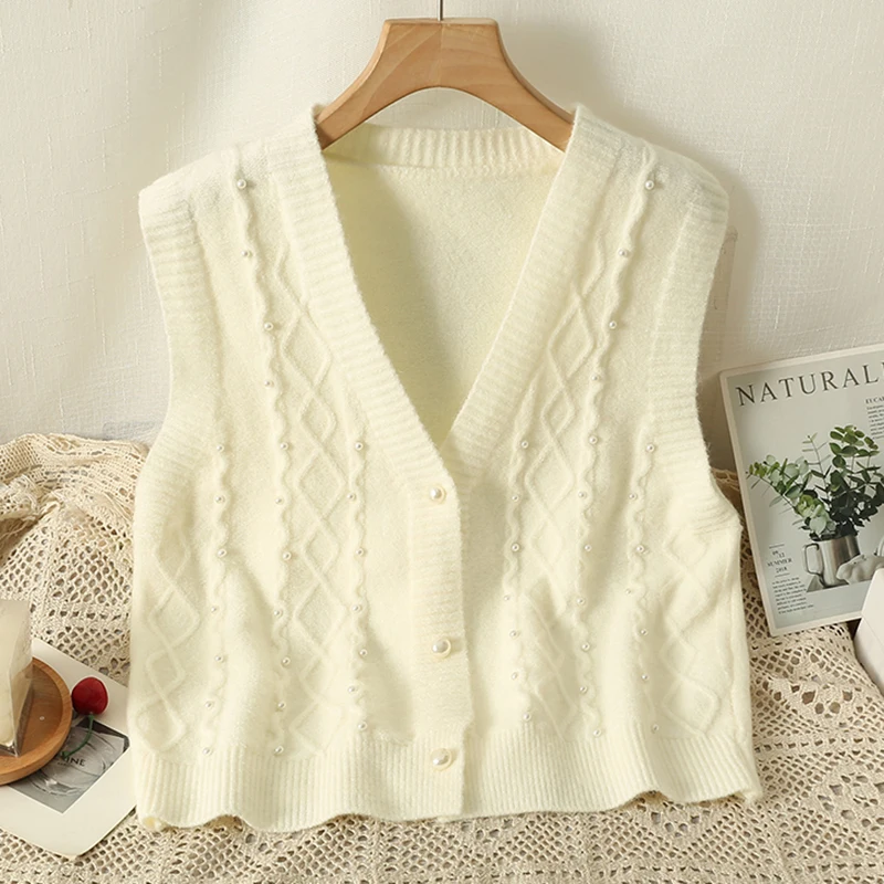 HELIAR Women V-Neck Cardigan Knitted Vest Sleeveless Buttons Up Beading Pearls Solid Waistcoat Casual Sweater Vest Fall Winter