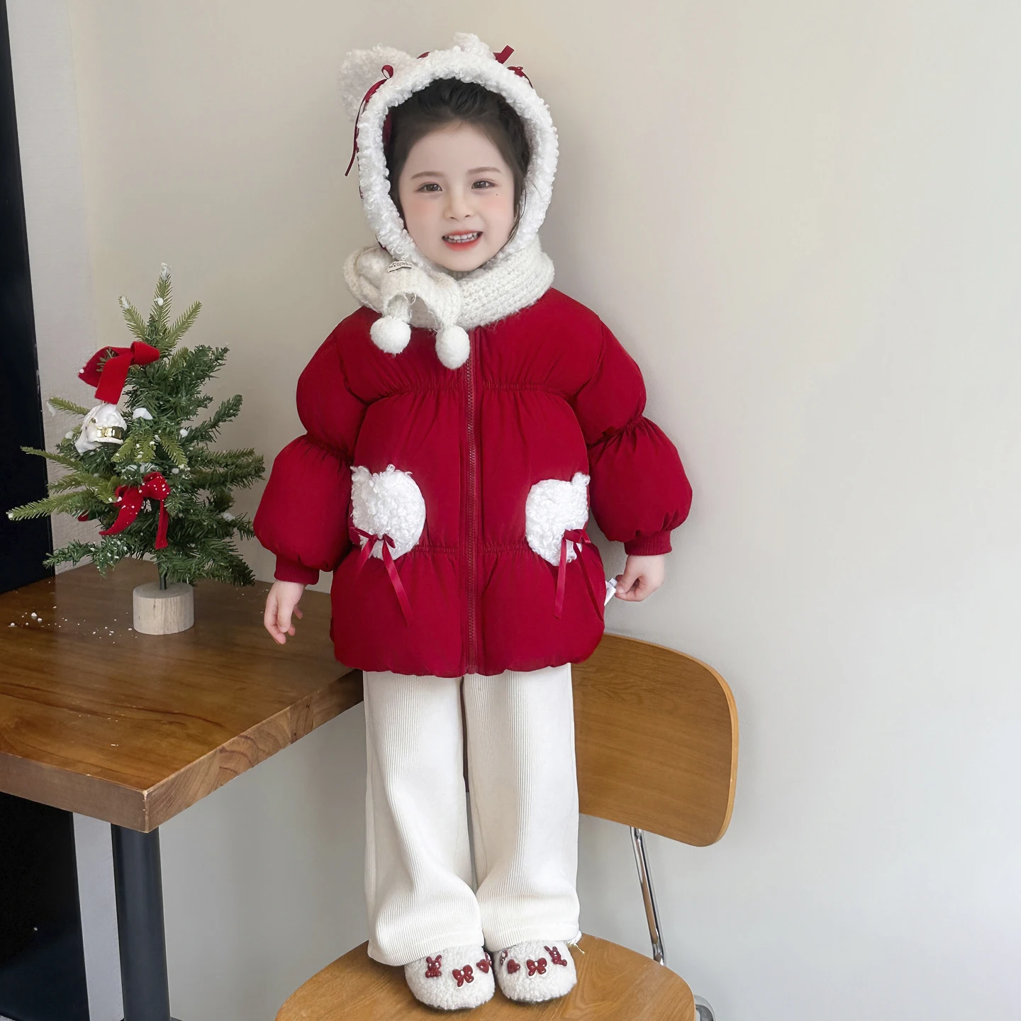 

Girls' Thick Down Cotton Coat Baby Kid Christmas Jacket Winter Clothing New Cute Children's Thick Fleece Hooded Warm Outfit 2-9Y