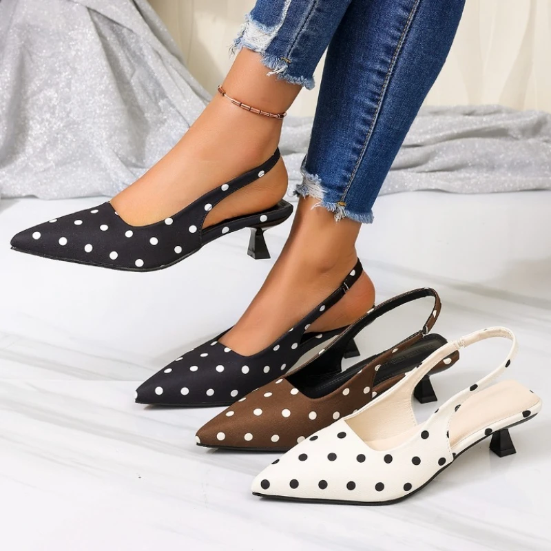 Street-Style High Heel Damen Sandalen – Modische spitze Zehenpartie, Slingback Mules, elegante Sommer-Polka-Dot-Kleiderschuhe