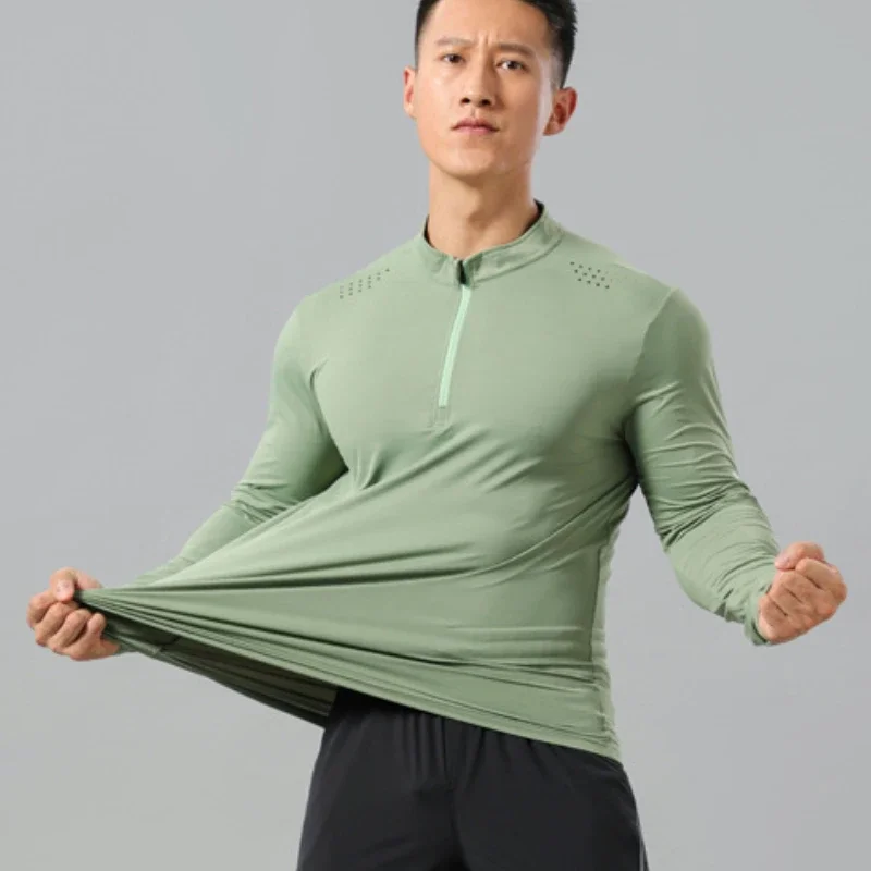 Quick-dry Sports Tops Men's Training Exercise Running T-Shirts Half Zipper Stand Collar Tight Fitness Gym Shirts Men Track Tops