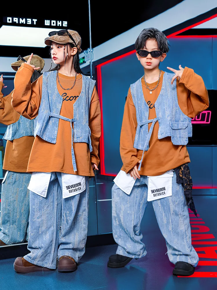 Kinder Street Dance Kleidung Kinder Jazz Kpop Bühne Outfit Junge Streetwear Weste Mädchen Hip Hop Kostüm Denim Shuffle Hosen