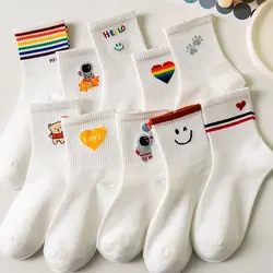 10 Pairs of Summer Women's Socks Cute Japanese Student Cartoon Printed White Short Socks