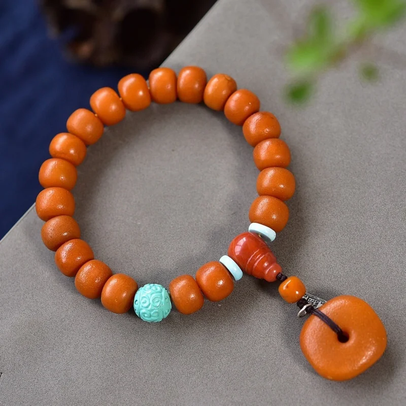Natural Flower Beeswax Type Bead Bracelet Full Honey Orange Peel Texture Old Wax 10.3mm