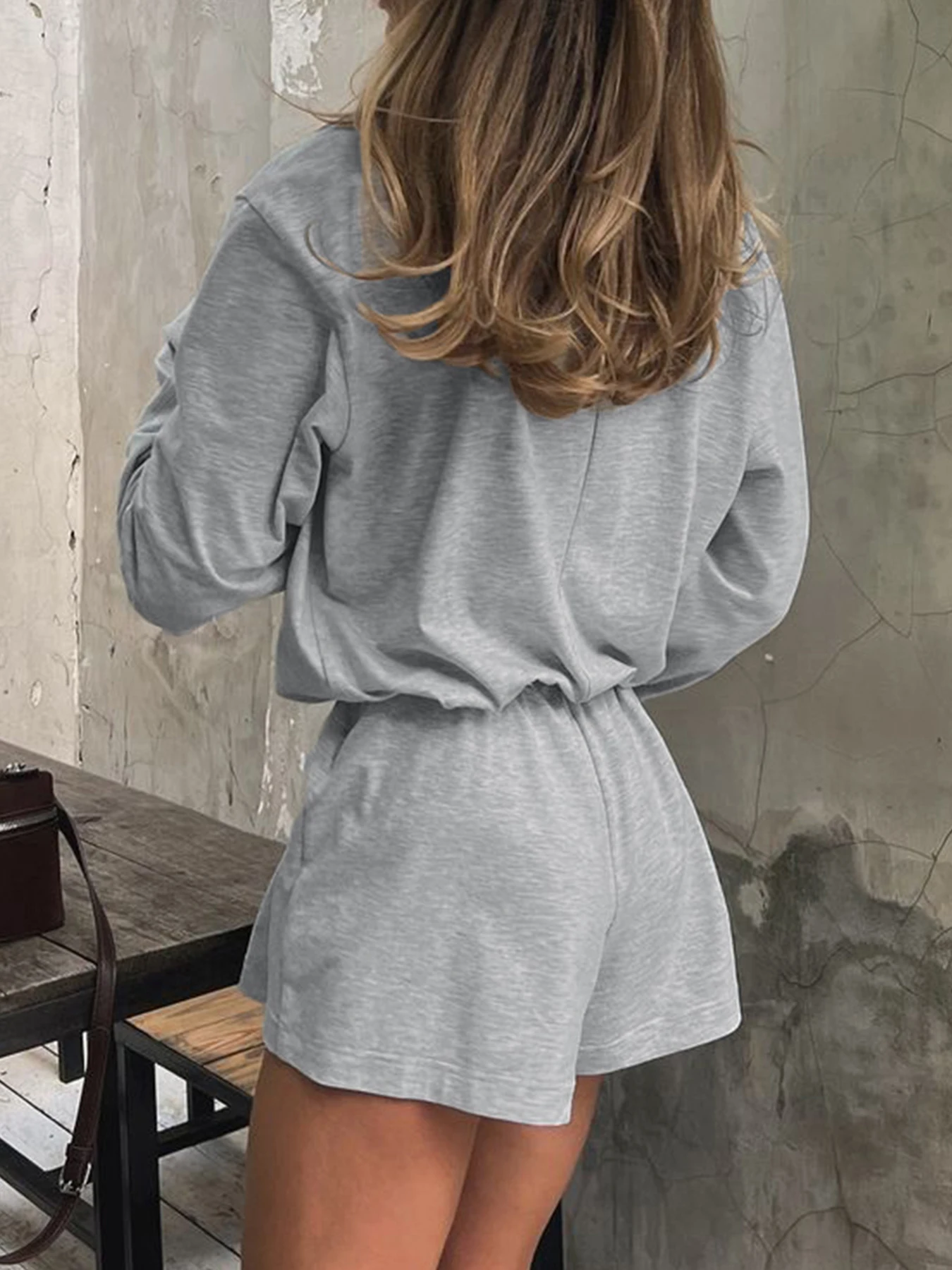 Weekeep Streetwear Grey Loose Rompers Fashion Button Up Full Sleeve Women Playsuits y2k Aesthetic Ladies Solid Outfits Harajuku