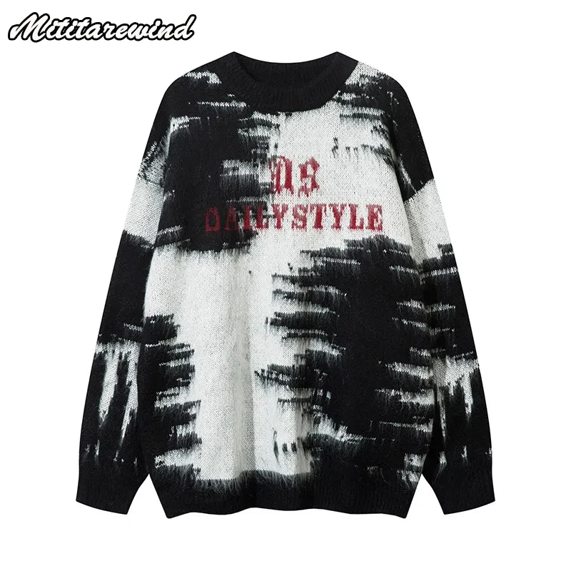 

Hip Hop Streetwear Oversized Knitted Sweater Men Autumn Winter Gradient Color O-neck Pullover Sweater For Men Hipster Knitwears