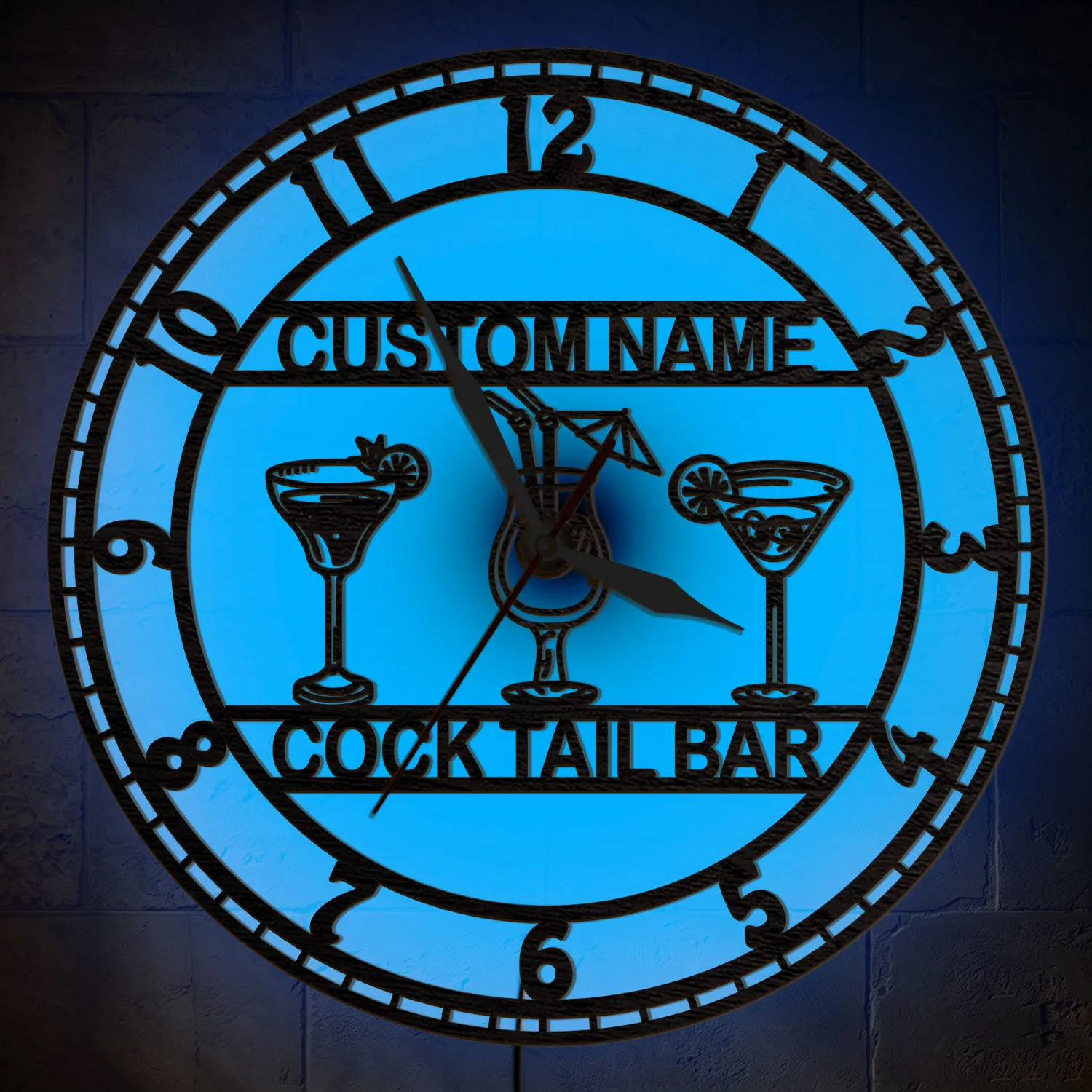 Custom Name Cocktail Bar Glowing Backlit Wall Clock Man Cave Tavern Pub Illuminated Sign Customizable LED Night Light Wall Clock