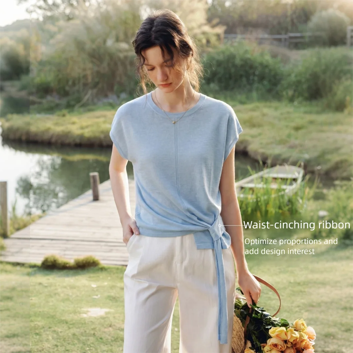 OLrain Solid Asymmetrical Side Tie Waist Top Women 2026 Summer Casual Minimalist Crew Neck Knit Short Sleeve T-shirt O58XZ006058
