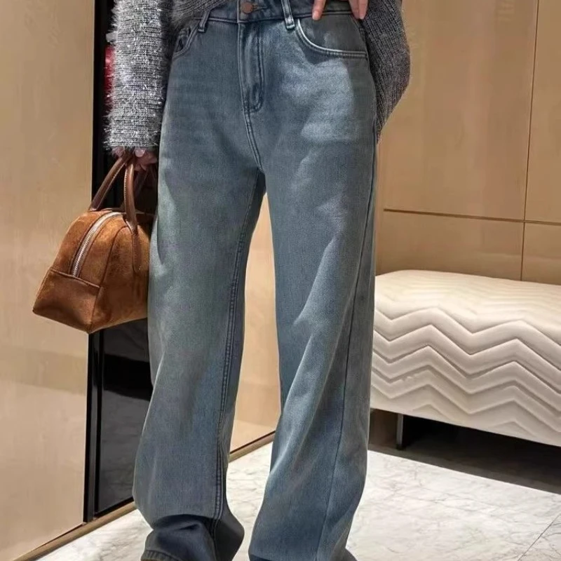 Dżinsy damskie z haftem uśmiechniętej buźki, pluszowe, grube, z szerokimi nogawkami, jesienno-zimowe, nowe, z wysokim stanem, codzienne, wyszczuplające, proste spodnie.