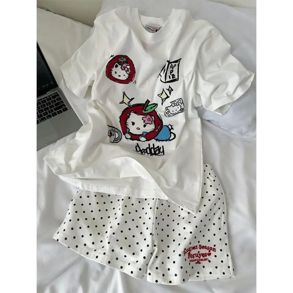 

Хлопковые пижамы Sanrio Hello Kitty для девочек, комплект из 2 предметов для детей старшего возраста, летний милый комплект домашней одежды с короткими рукавами