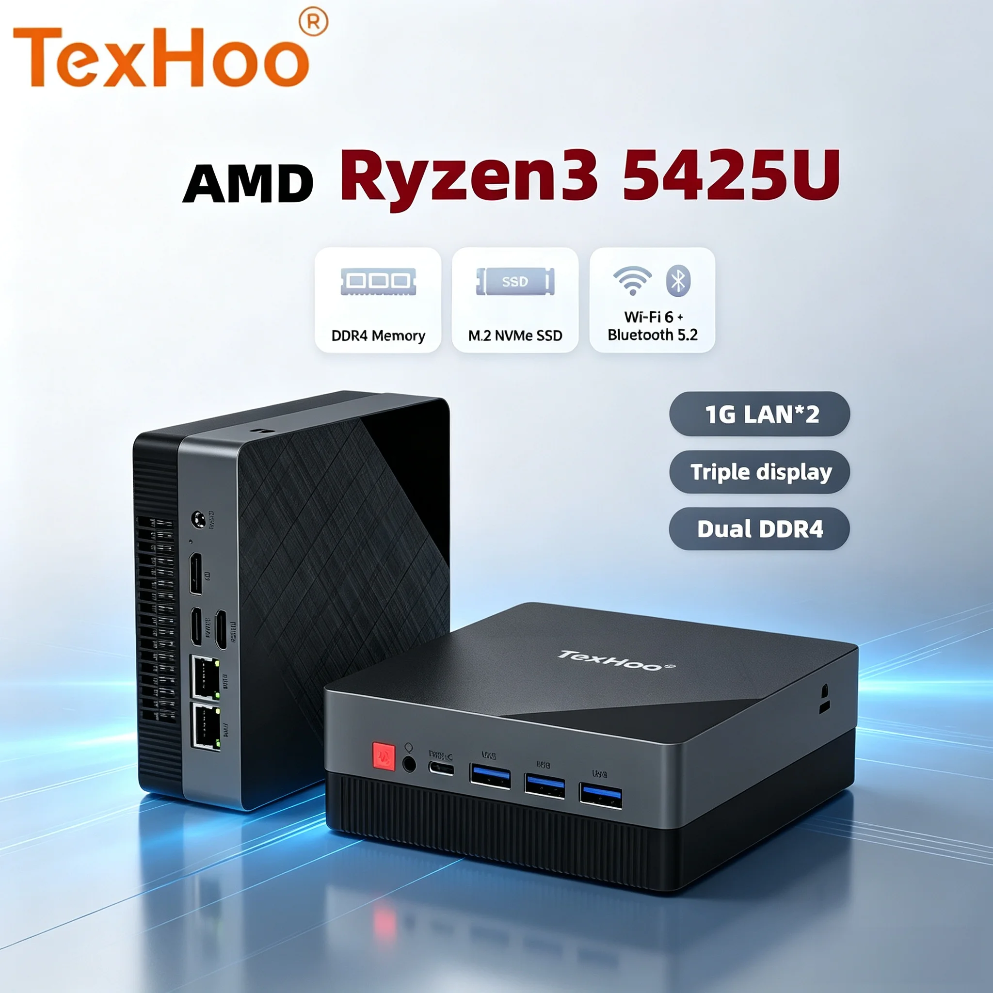 TexHoo Mini PC AMD Ryzen 3 5425U 4300U Dual LAN 4K Display DP+2xHDMI DDR4x2, NVMe/SATA M.2 for Soft Router Firewall NAS Computer