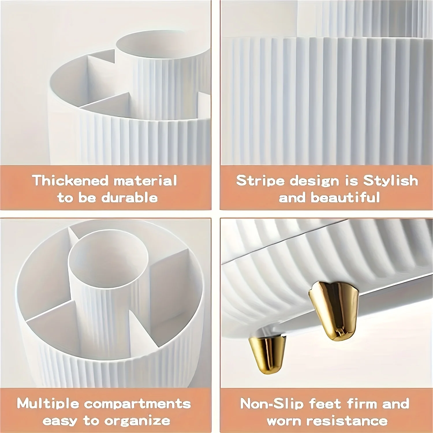 360 °   Organisateur de maquillage rotatif - 1 boîte de rangement de cosmétiques en plastique avec 5 compartiments - Support multifonctionnel pour pinceaux, rouges à lèvres, soins de la peau et papeterie - Organisateur de bureau durable et sans odeur, design luxueux à rayures