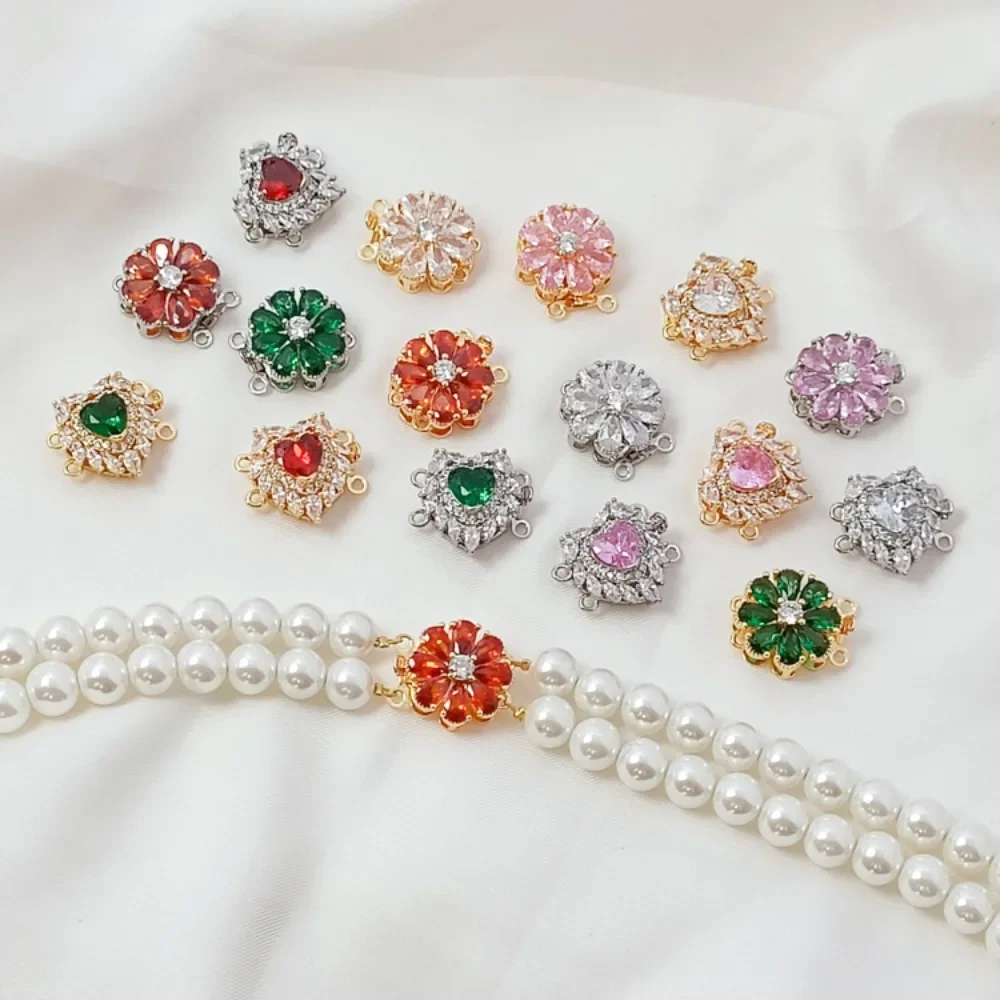 

14K Gold-plated White K Zirconium Small Daisy Pin Buckle Heart-shaped Connecting Buckle DIY Double-row Pearl Finishing Buckle