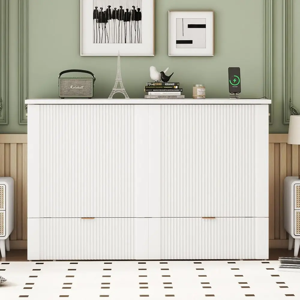 

Full-Size Murphy Bed by Harper & Bright Designs, Wooden Wall Bed with Desk and USB Ports, Pulley System, White