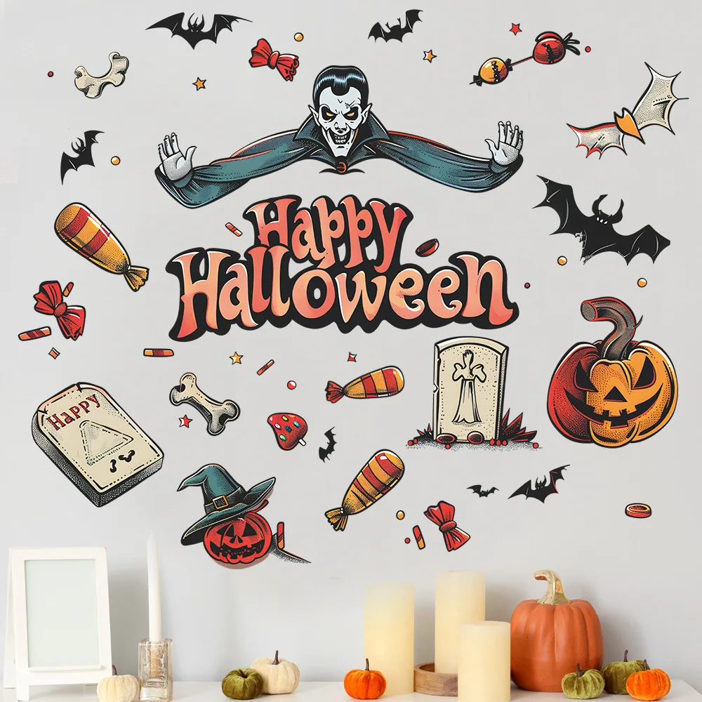 할로윈 창의적인 호박 캔디 요소 벽 스티커, 어린이 방 거실 파티 홈 장식, 손으로 그린 공포 낙서 
