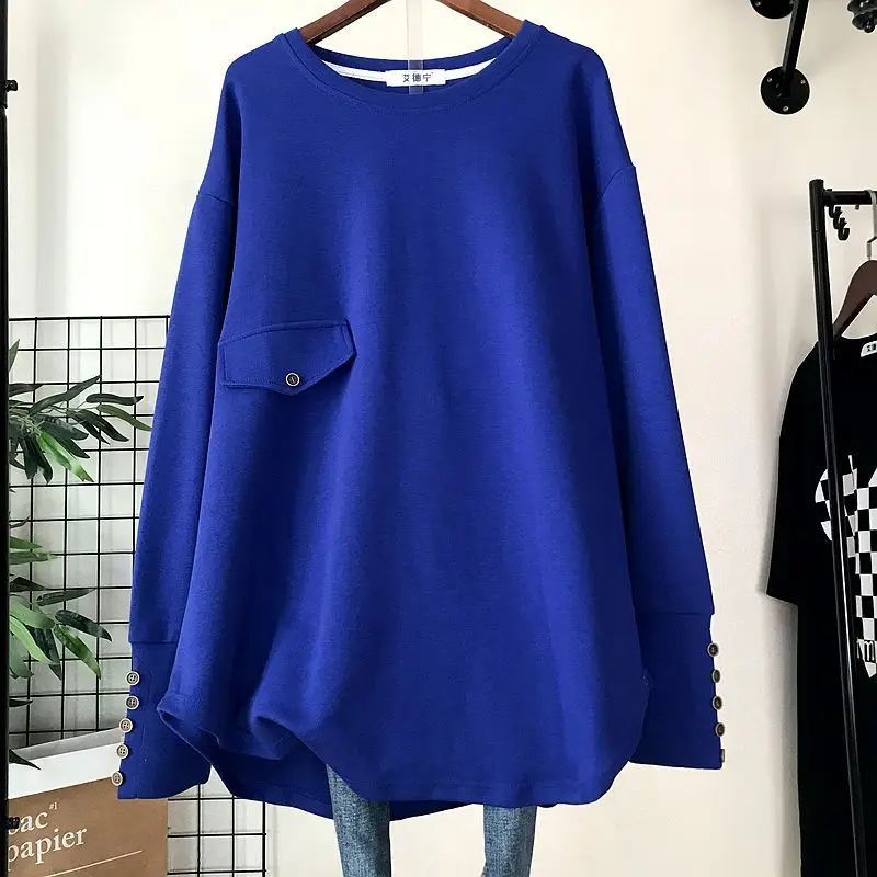 2023 Spring Autumn Solid Color Fashion Round Neck T-Shirts Women High Street Long Sleeve Button Mid-length All-match Pullovers