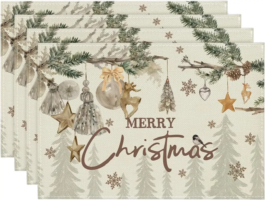 Pine Branch Ornament Merry Christmas Placemats Set of 4, 12x18 Inch Winter Table Mats for Party Kitchen Dining Decor