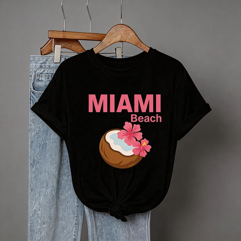 Miami Beach Letter Print Y2K T Shirt Women's Crew Neck Short Sleeve Casual T-shirt Graphic Floral Coconut Summer Tshirt Clothes