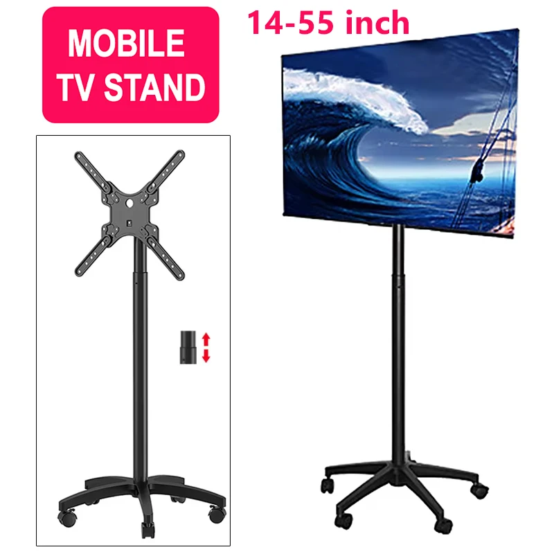 14-55 inch Height Adjustable TV Stand with Wheels LCD TV Monitor for Audio-Visual Devices Rolling TV Stand for Bedroom meeting