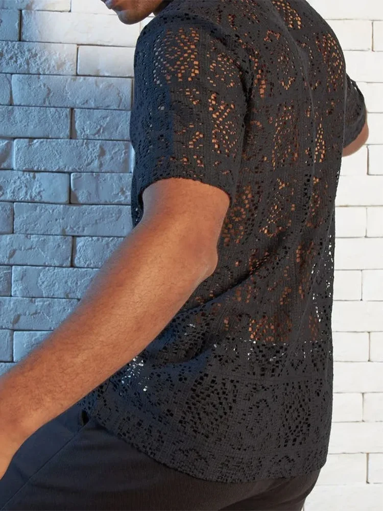2025 Summer New Casual Mesh Shirt Tops Mens Short Sleeve Lapel Buttoned Mesh Lace Shirts For Men Sexy Transparent Cardigan Tops