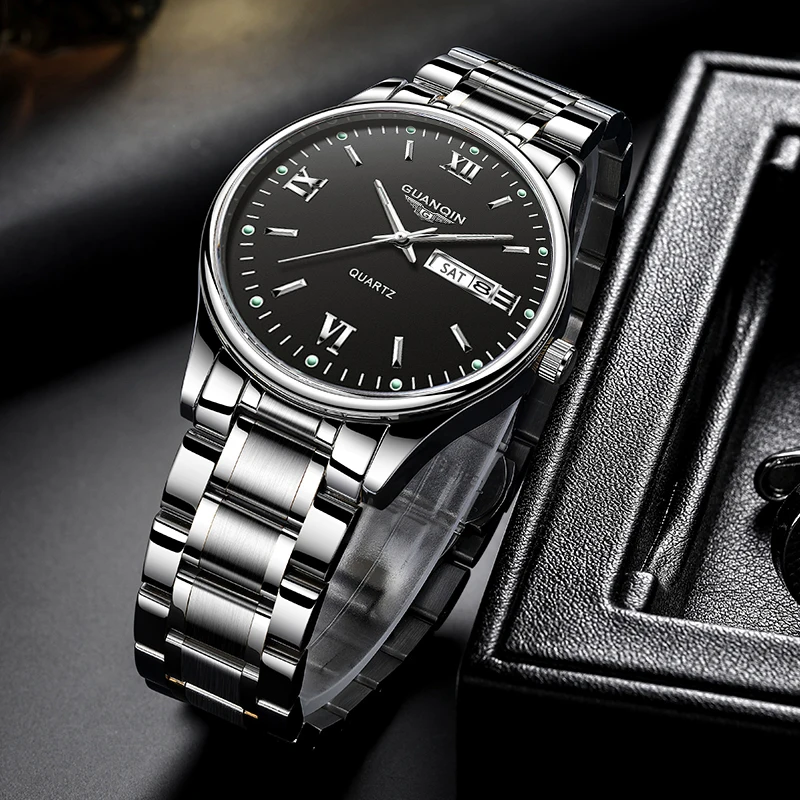 Luxury Men Quartz Watch GUANQIN Brand Stainless Steel Case Date Week Business Leisure 50M Waterproof Luminous Wristwatches