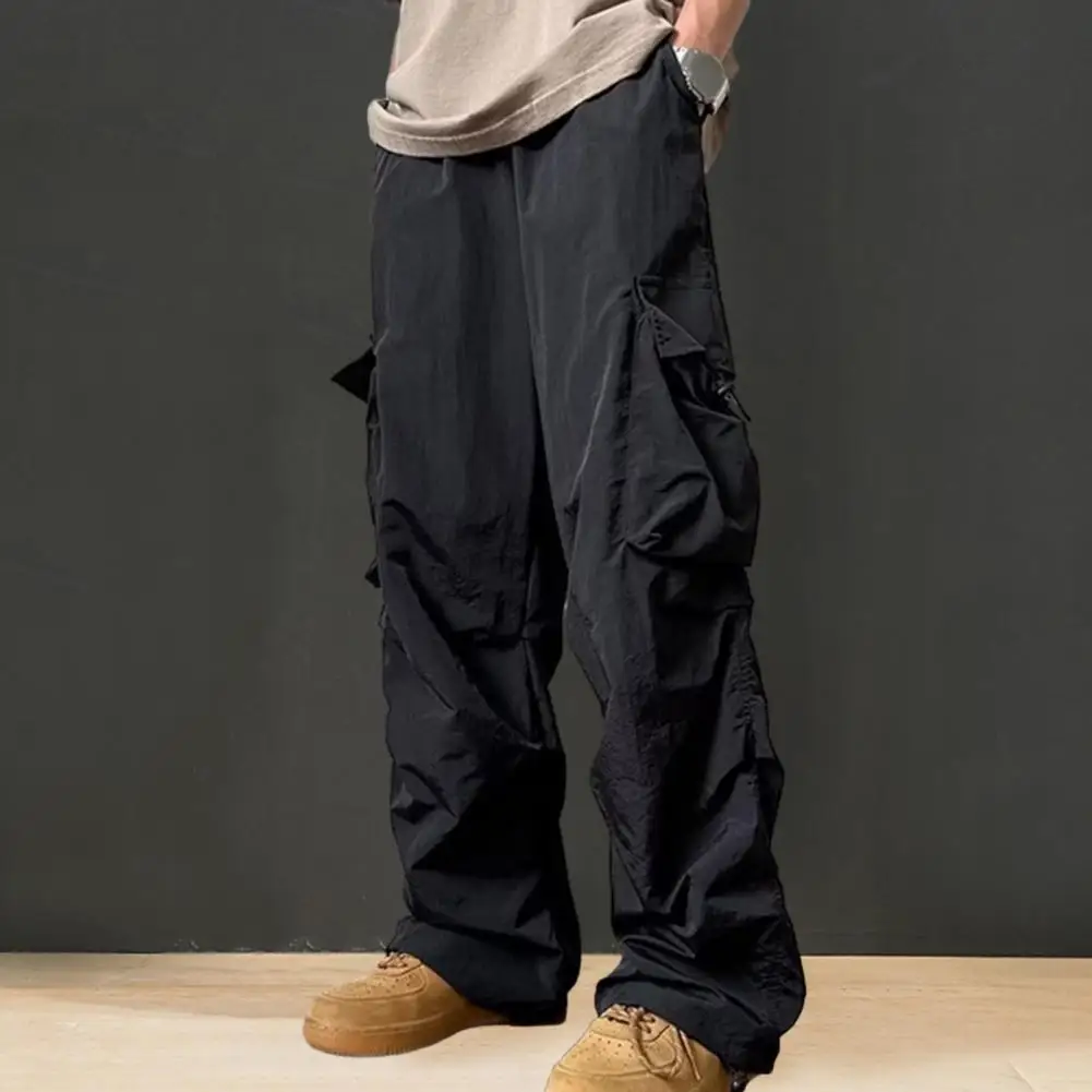 

Solid Color Pants Vintage Cargo Pants with Oversized Wide Leg Multi Pockets for Men Soft Breathable High Street Hop for Full