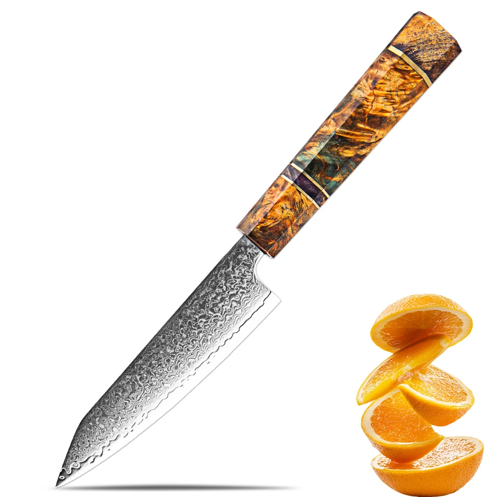 Damaskus 5-Zoll-Allzweckmesser, japanisches multifunktionales Küchenmesser, kleines Messer aus Damaststahl, scharfes Kochmesser, achteckiger Holzgriff
