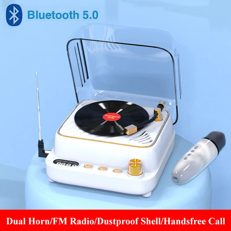 Mini Bluetooth Speaker Retro Vinyl Record Player Portable FM Radio Karaoke Microphone SoundBox Stereo Music Player Handsfree Cal