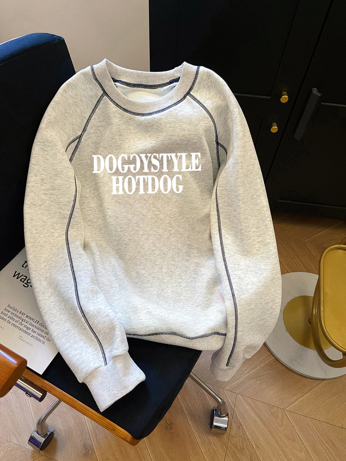 Retro Hong Kong Sle Long Sve sudadera suelta redonda Ne empalme Color Blo juvenil versátil mujer primavera otoño Top