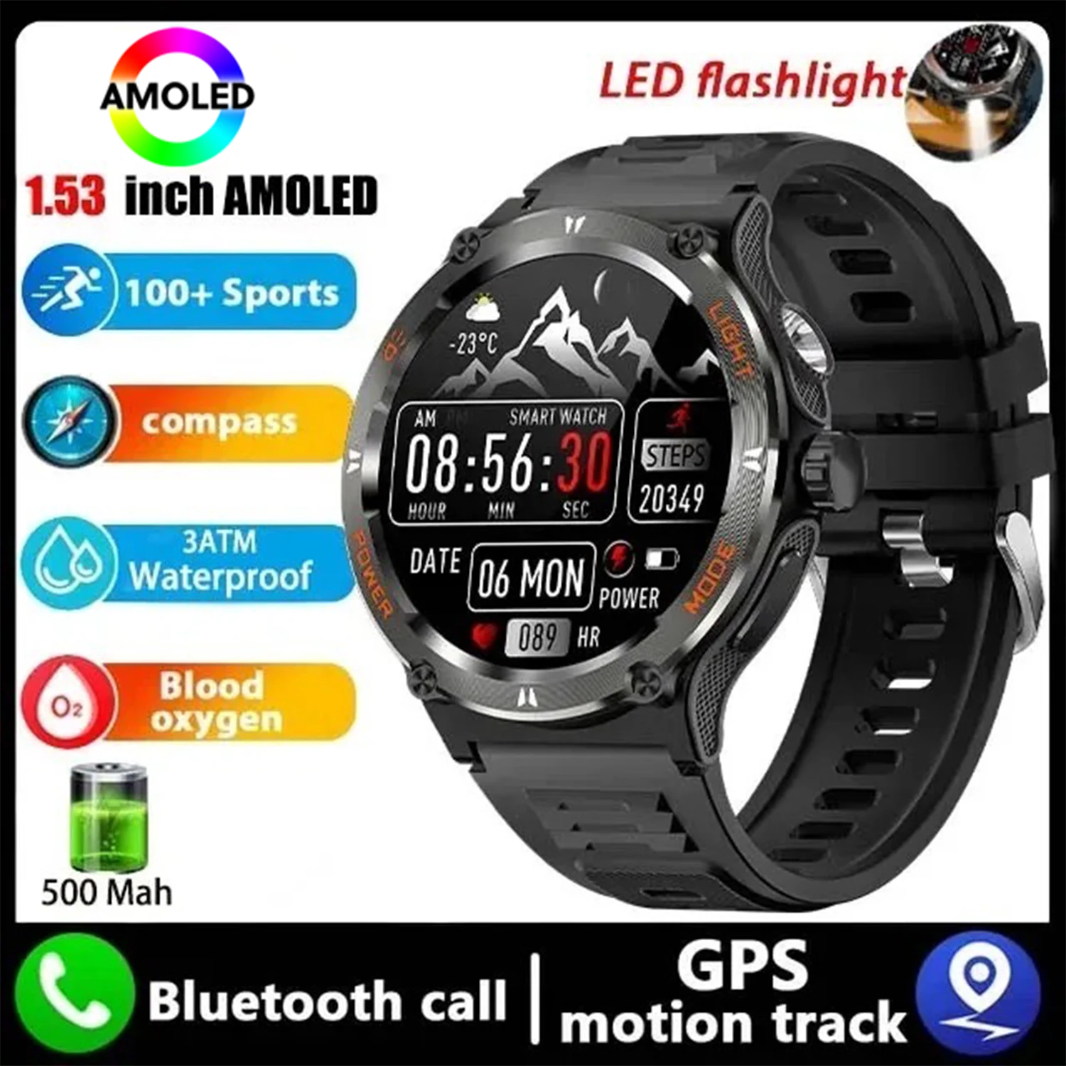 ساعة Xiaomi بوصلة رياضية 3ATM مقاومة للماء ساعة ذكية لمراقبة الصحة بلوتوث مكالمة 500Mah LED ساعة ذكية 2025